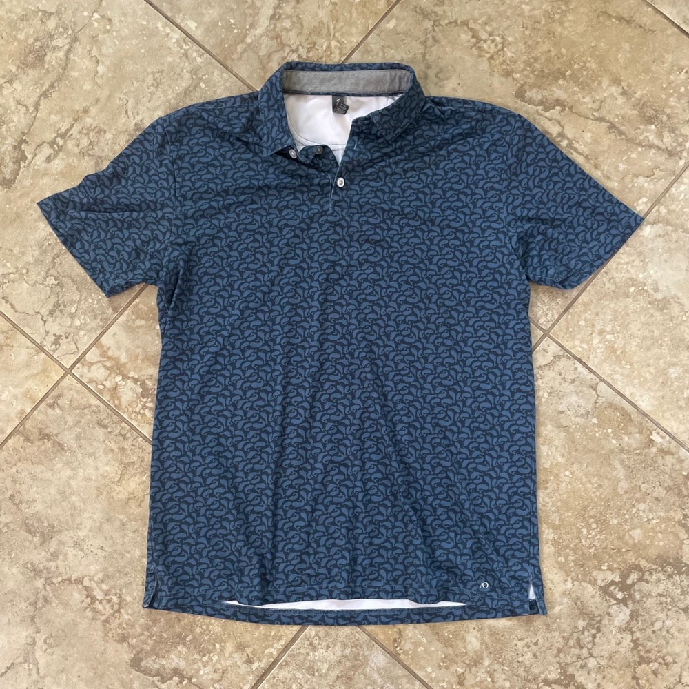 AndersonOrd Mens Medium Blue Whale Print Performance Golf Polo Shirt‎ AO Logo